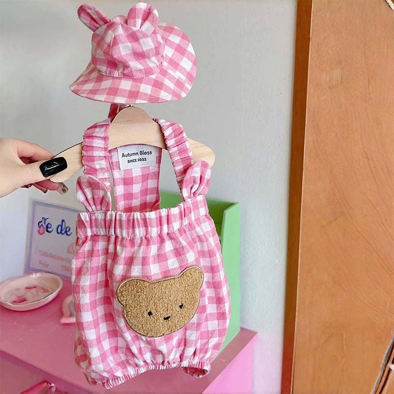 Autumn Bless Gingham Check Bear Romper | Gingham Bear Romper 