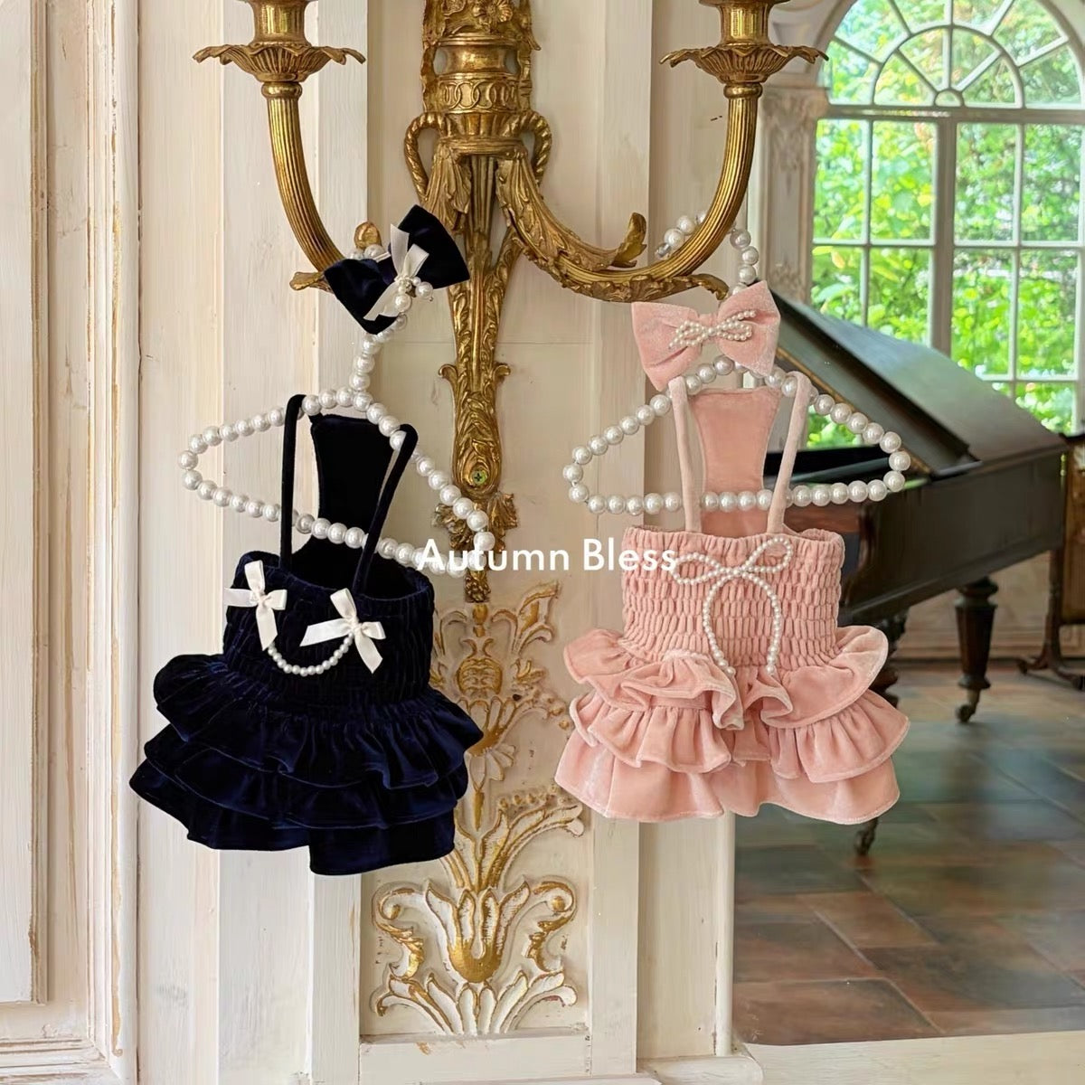Autumn Bless Velour Pearl Ribbon Dress