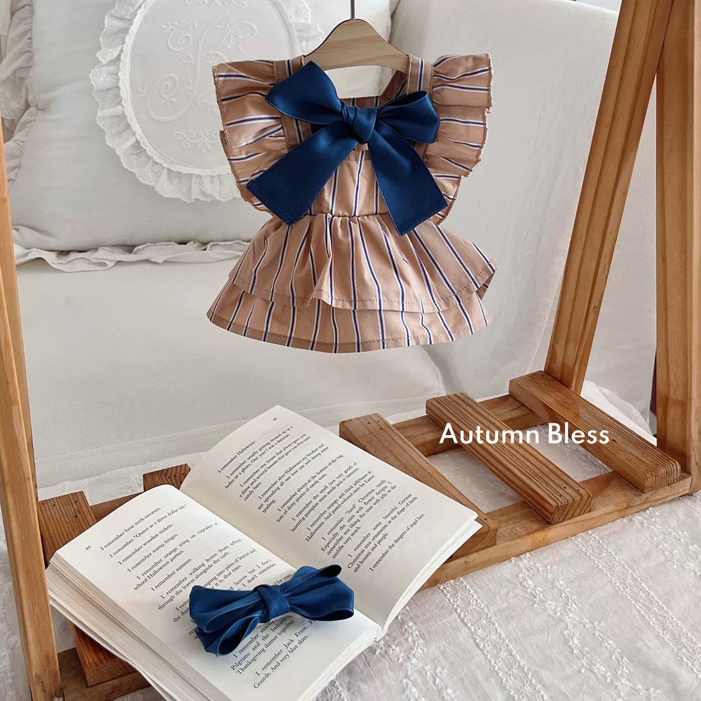 Autumn Bless Striped Ribbon Dress (Single or with Hair Clip Set)