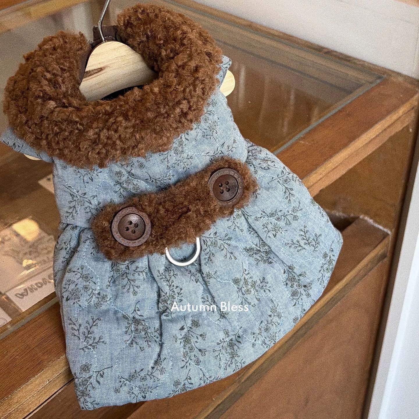 Autumn Bless Floral Quilted Dress with Teddy Fur Collar