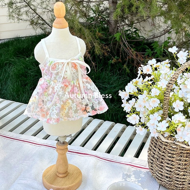 Autumn Bless Floral Lace Picnic Camisole Dress with Ribbon 