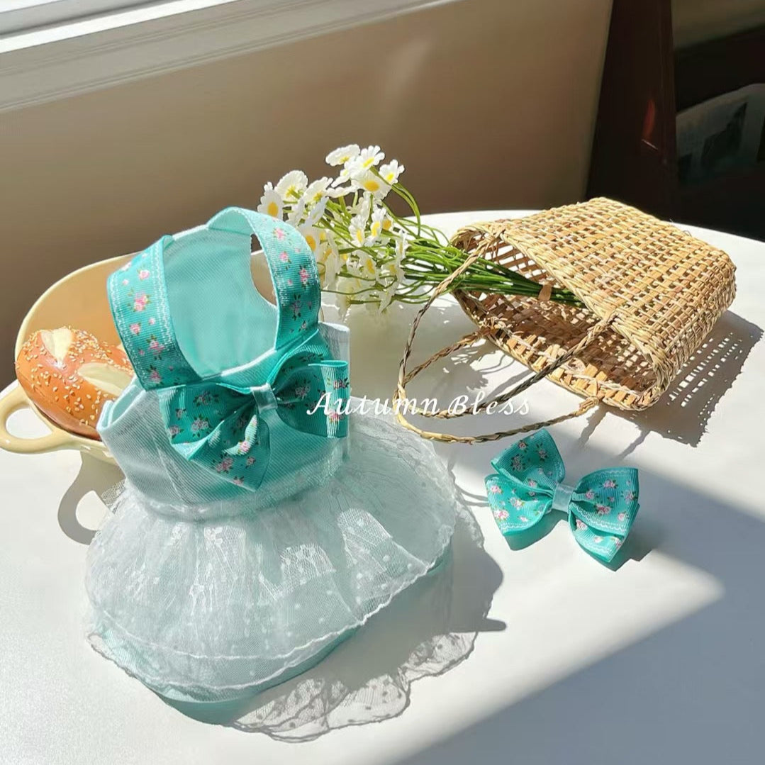 Autumn Bless Mint Blossom Bow Dress with Ribbon 