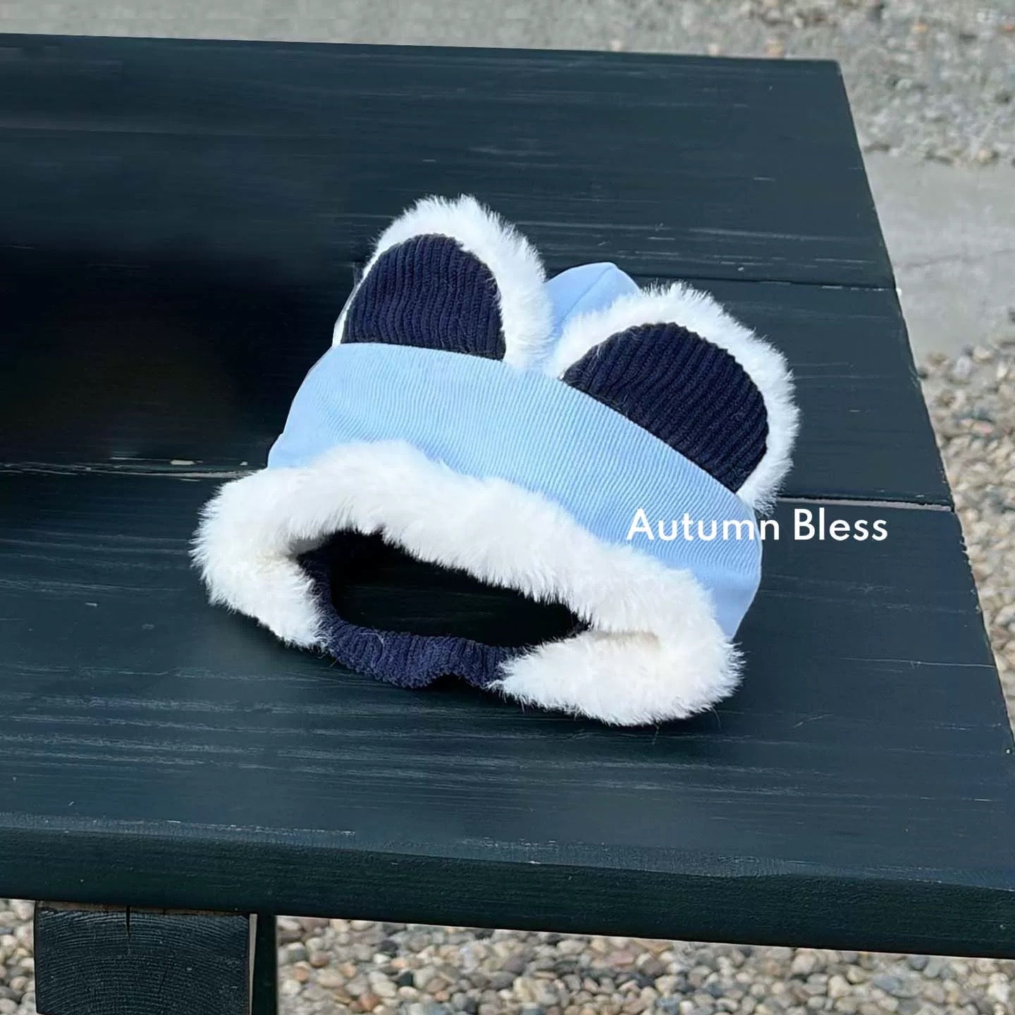 Autumn Bless Furry Cozy Winter Hat – Teddy Print / Quilted Blue