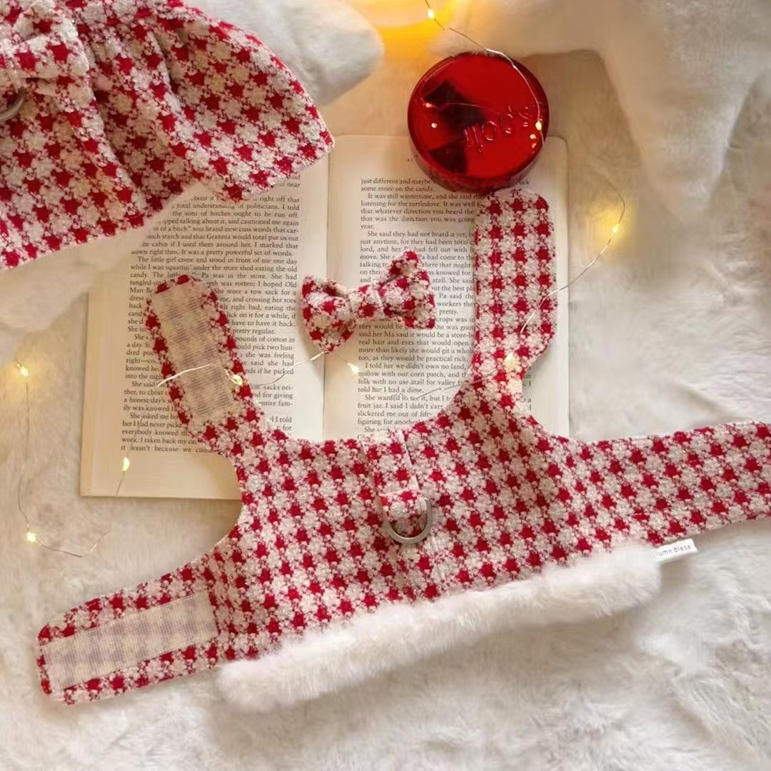 Autumn Bless Christmas Snowy Houndstooth Fur Harness – D-Ring Design