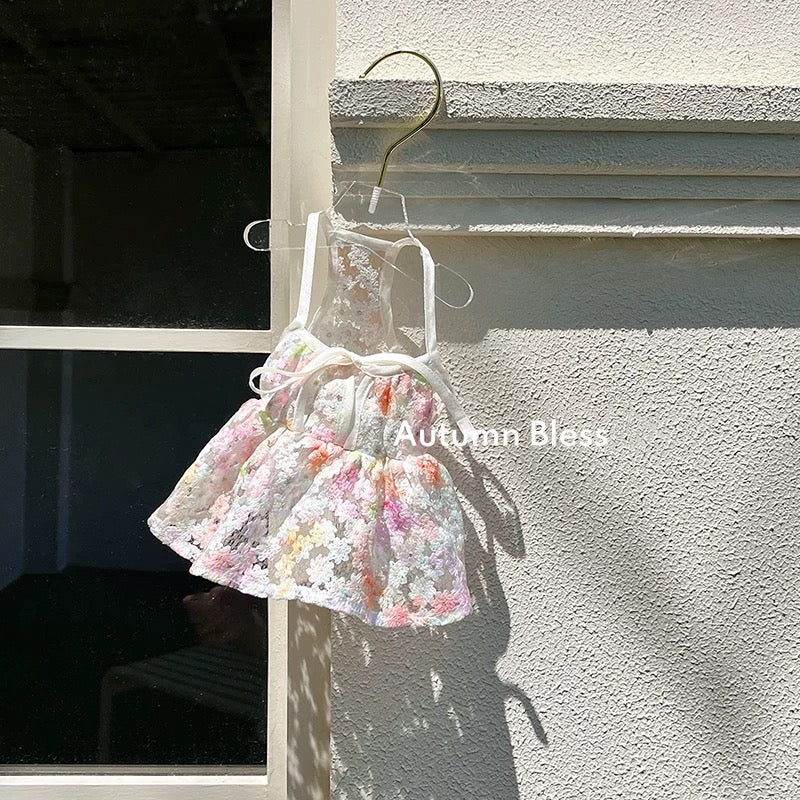 Autumn Bless Floral Lace Picnic Camisole Dress with Ribbon 
