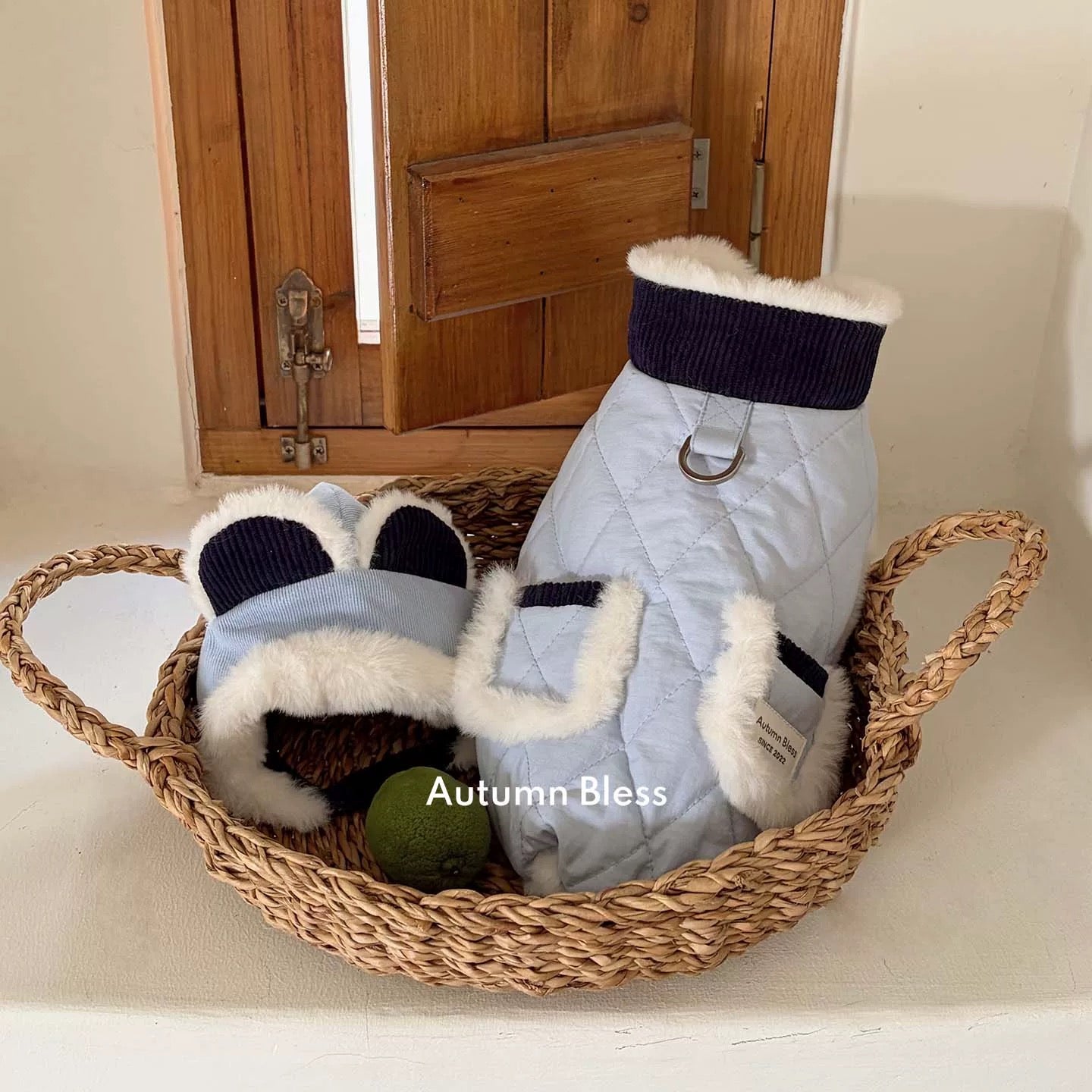 Autumn Bless Furry Cozy Winter Jacket – Teddy Print &amp; Quilted Blue