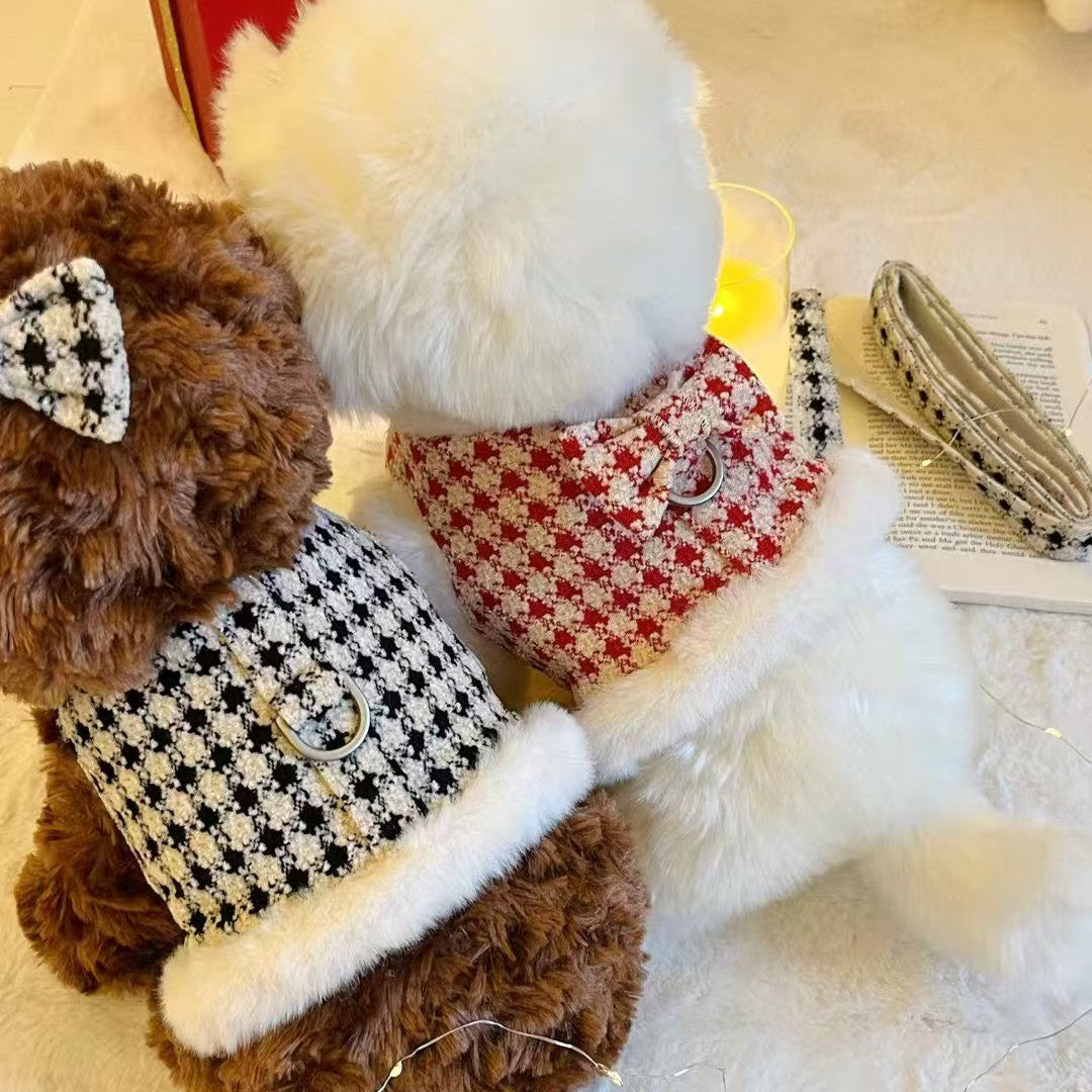 Autumn Bless Christmas Snowy Houndstooth Fur Harness – D-Ring Design
