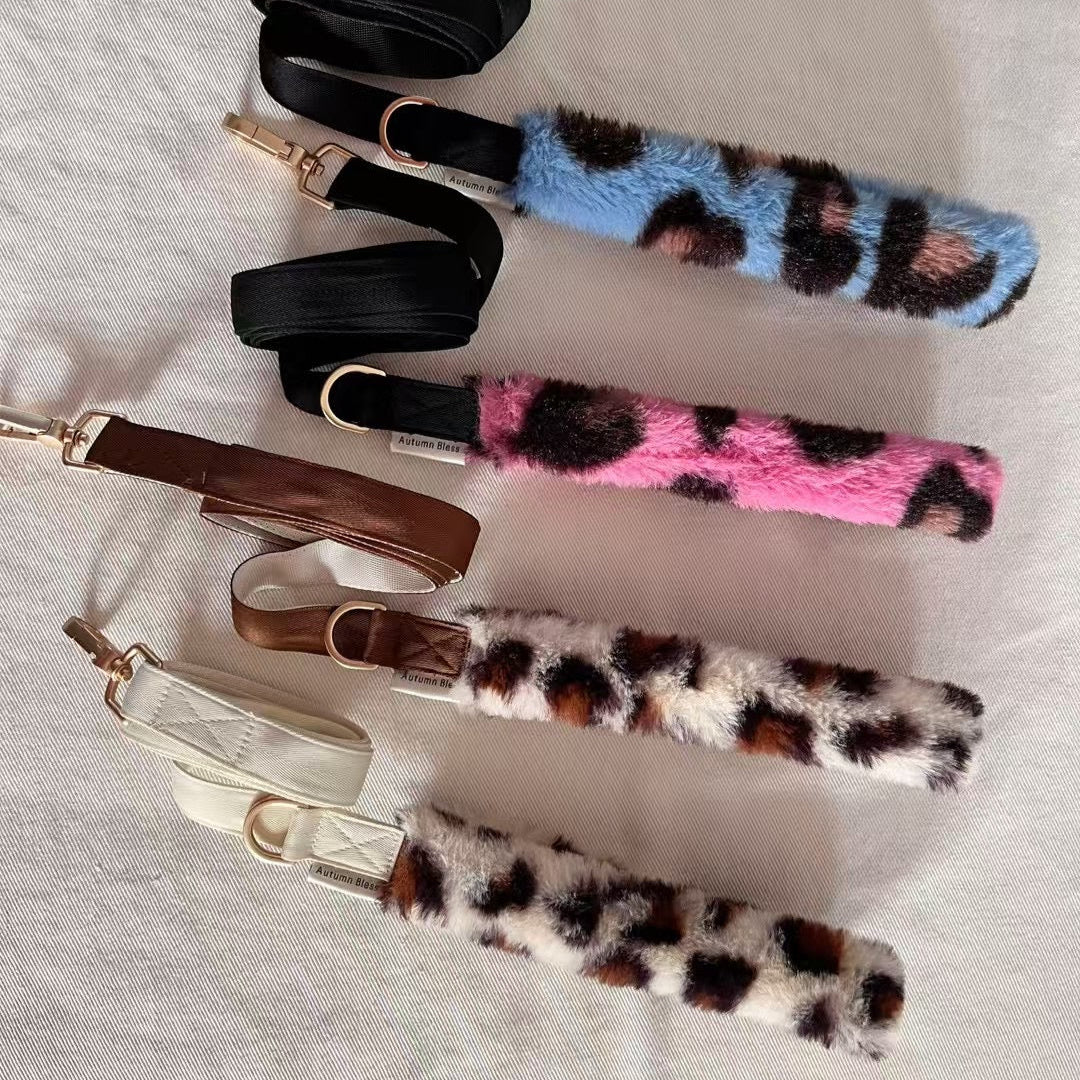 Autumn Bless Fluffy Leopard Handle Pet Lead | Leopard Print Plush Handle Leash 