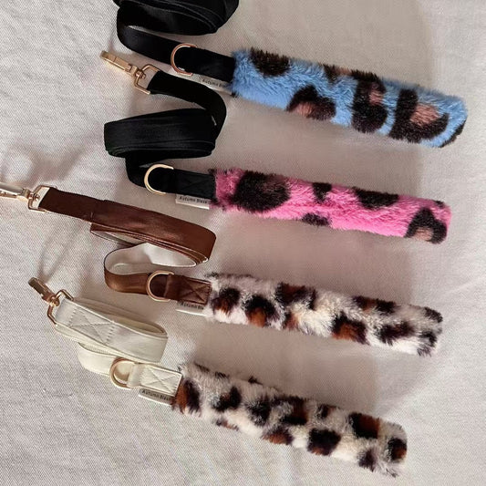 Autumn Bless Fluffy Leopard Handle Pet Lead | Leopard Print Plush Handle Leash 