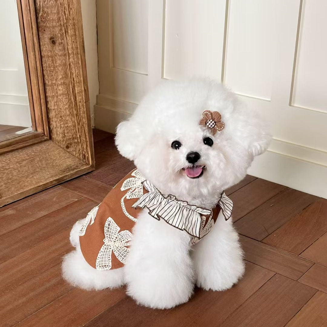 Autumn Bless Embroidered Lace &amp; Denim Flutter Sleeve Dress with Ribbon Hair Clip – Early Autumn Collection