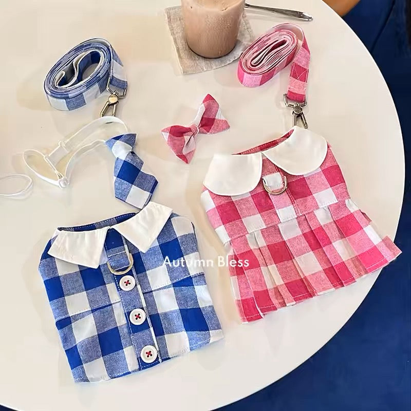 Autumn Bless Plaid Dress and Harness Set – Pink &amp; Blue Collection 