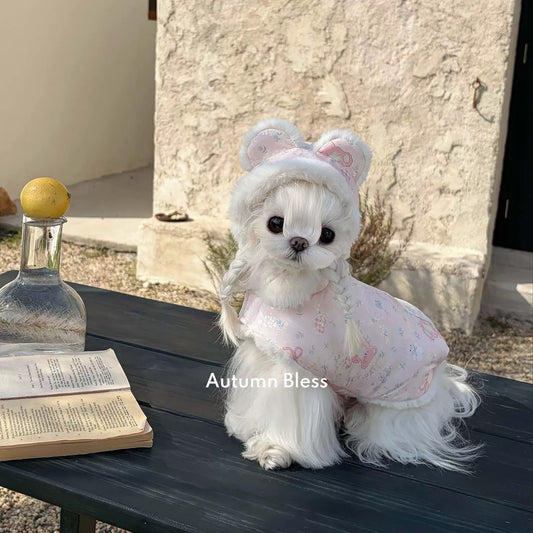 Autumn Bless Furry Cozy Winter Hat – Teddy Print / Quilted Blue