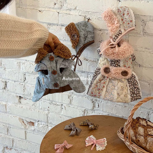 Autumn Bless Floral Quilted Dress with Teddy Fur Collar