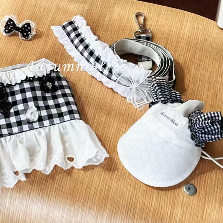 Autumn Bless Checkered Ribbon Cap &amp; Lace Leash