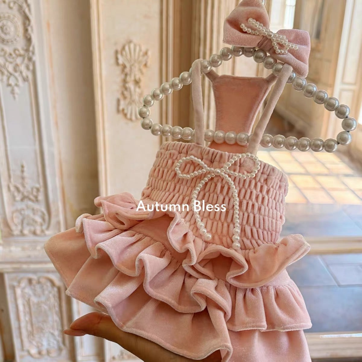 Autumn Bless Velour Pearl Ribbon Dress