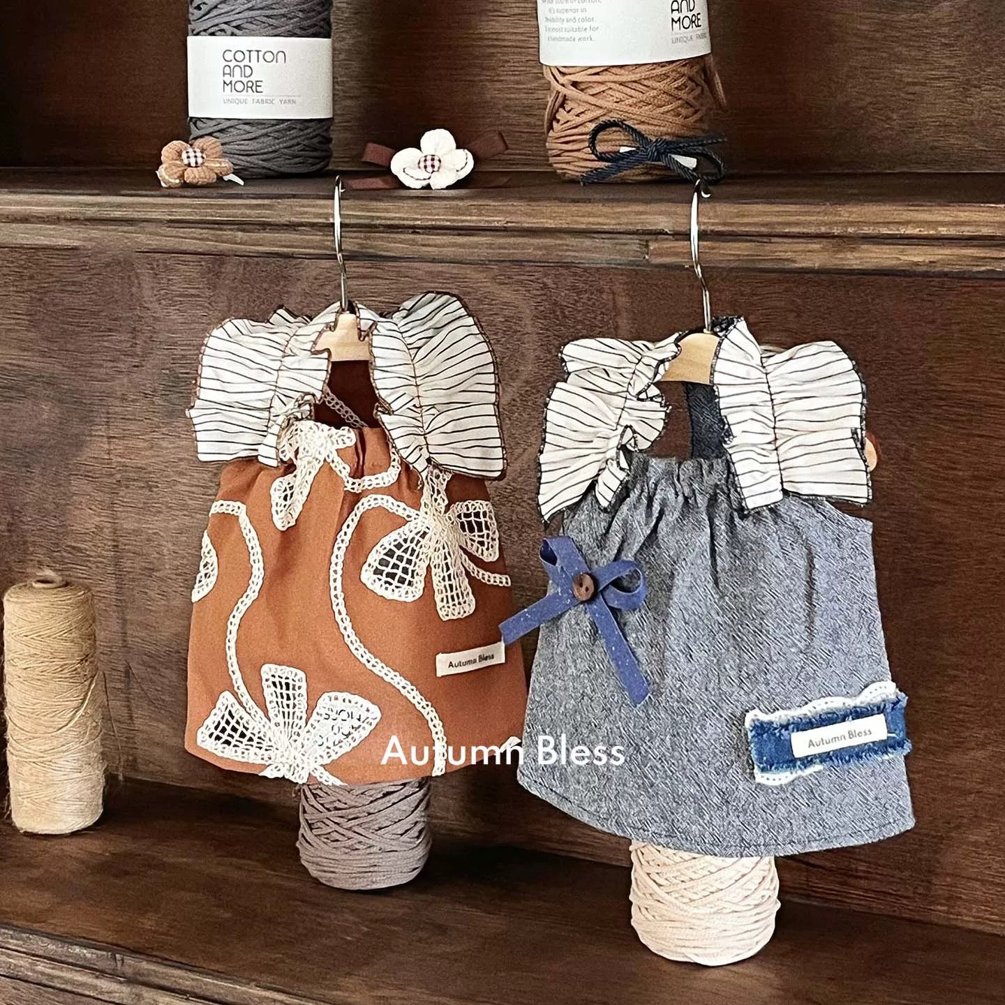 Autumn Bless Embroidered Lace &amp; Denim Flutter Sleeve Dress with Ribbon Hair Clip – Early Autumn Collection