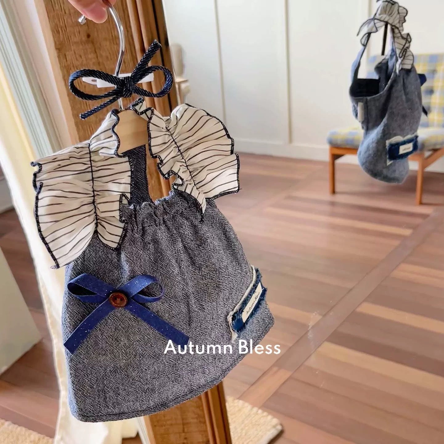 Autumn Bless Embroidered Lace &amp; Denim Flutter Sleeve Dress with Ribbon Hair Clip – Early Autumn Collection