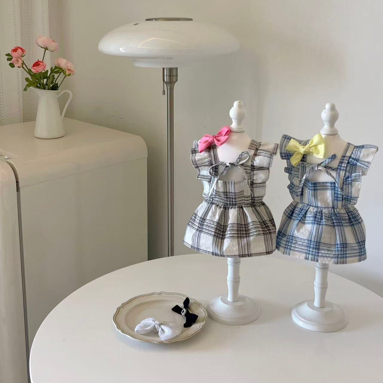 Autumn Bless Vintage Check Ribbon Frill Dress with Hair Clip 