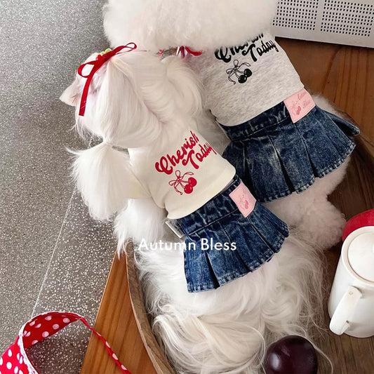 Autumn Bless Cherry Matching T-Shirt &amp; Denim Suspender Skirt (with Hair Clip or Bandana) | Cherry Matching T-Shirt &amp; Denim Suspender Skirt (Family Matching Outfit) 