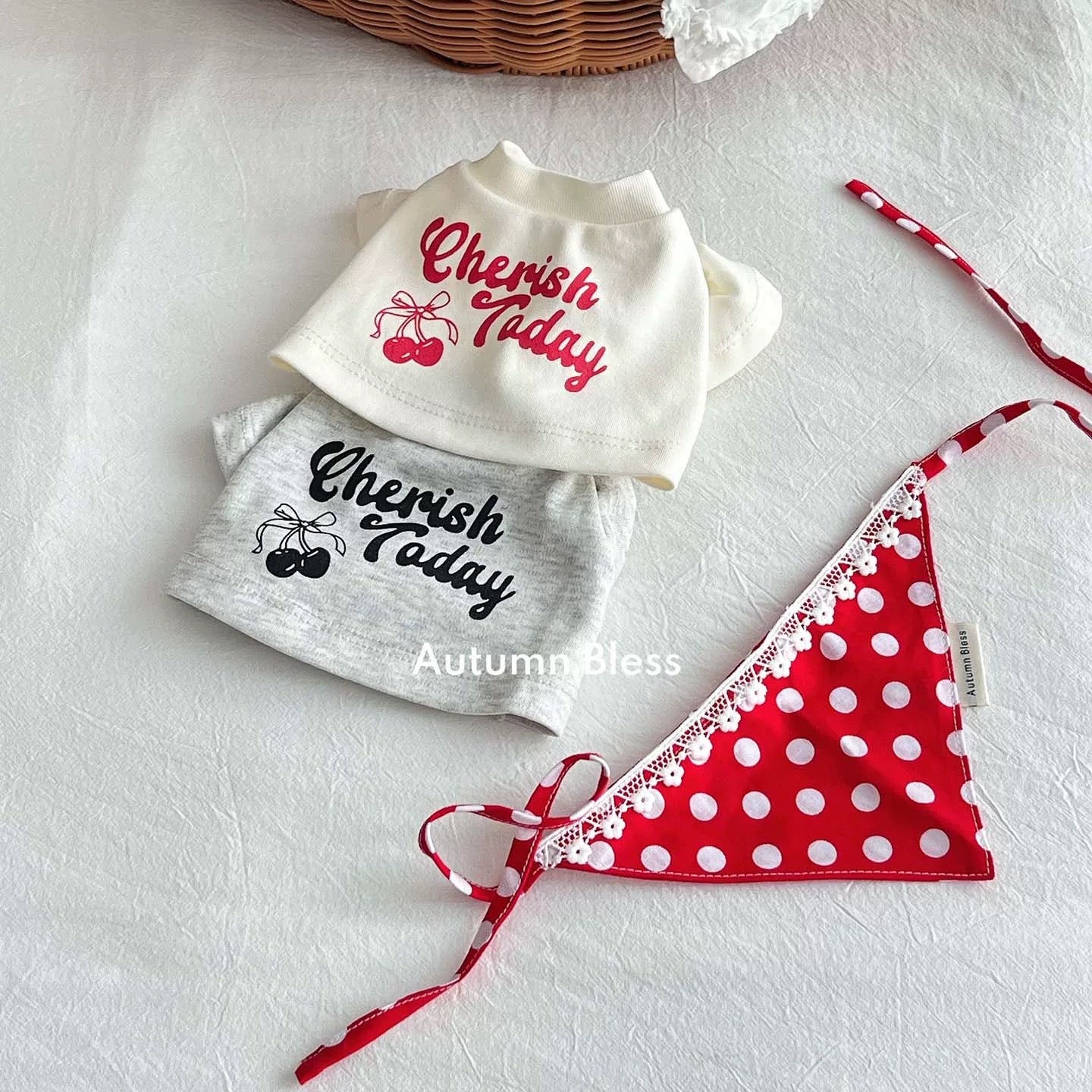 Autumn Bless Cherry Matching T-Shirt &amp; Denim Suspender Skirt (with Hair Clip or Bandana) | Cherry Matching T-Shirt &amp; Denim Suspender Skirt (Family Matching Outfit) 