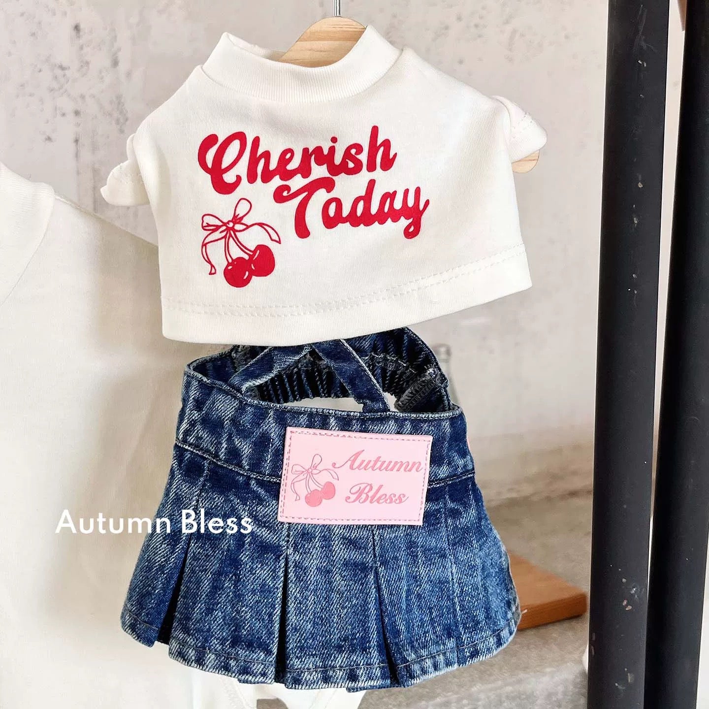 Autumn Bless Cherry Matching T-Shirt &amp; Denim Suspender Skirt (with Hair Clip or Bandana) | Cherry Matching T-Shirt &amp; Denim Suspender Skirt (Family Matching Outfit) 