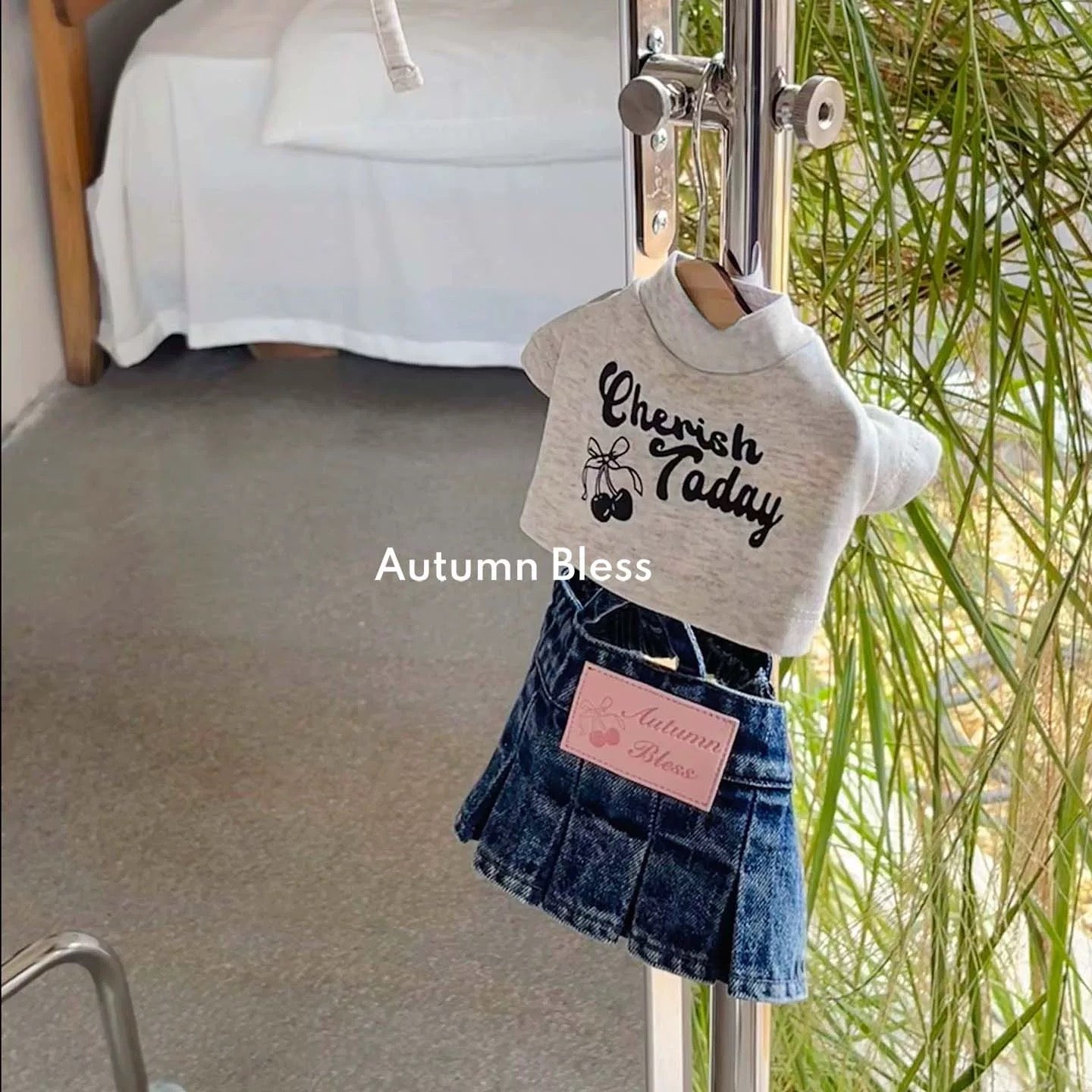 Autumn Bless Cherry Matching T-Shirt &amp; Denim Suspender Skirt (with Hair Clip or Bandana) | Cherry Matching T-Shirt &amp; Denim Suspender Skirt (Family Matching Outfit) 