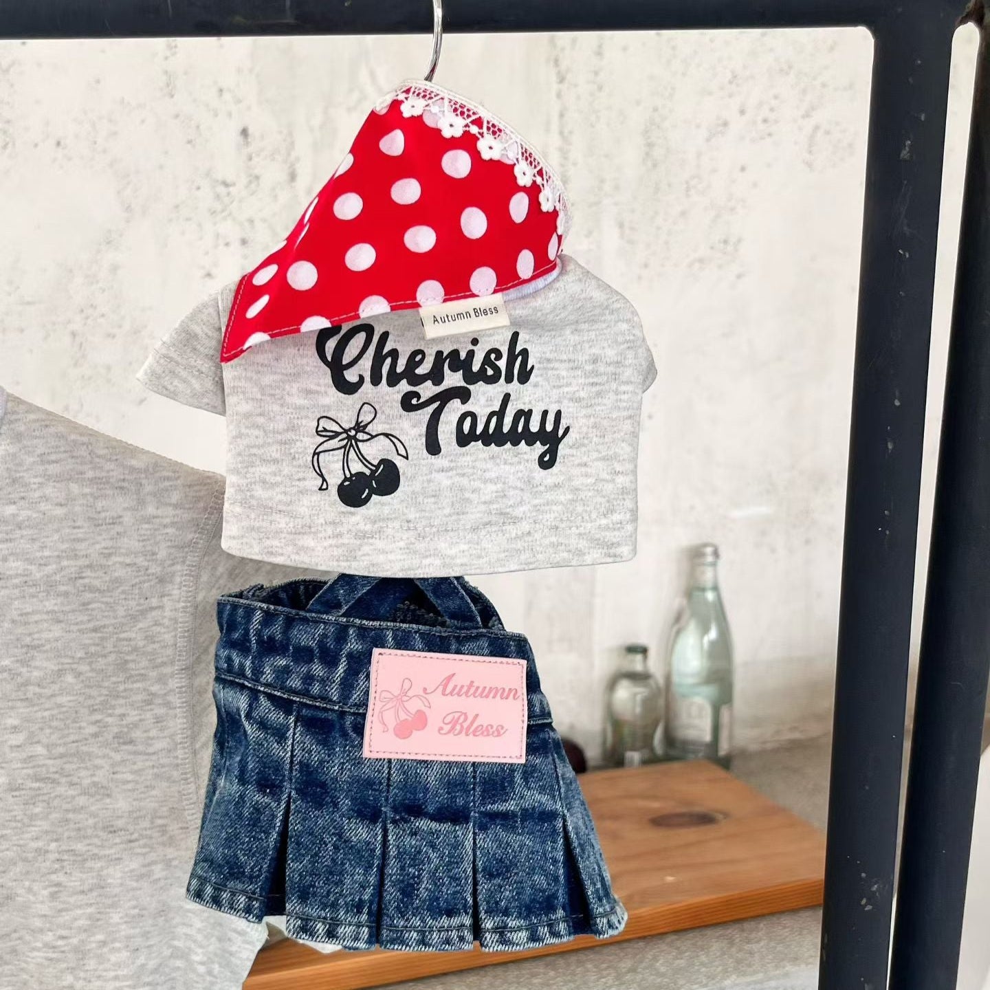 Autumn Bless Cherry Matching T-Shirt &amp; Denim Suspender Skirt (with Hair Clip or Bandana) | Cherry Matching T-Shirt &amp; Denim Suspender Skirt (Family Matching Outfit) 