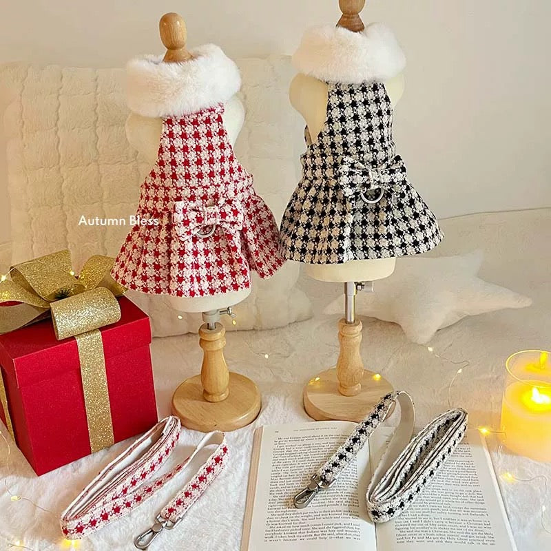 Autumn Bless Christmas Houndstooth Fur Harness Dress – D-Ring Design