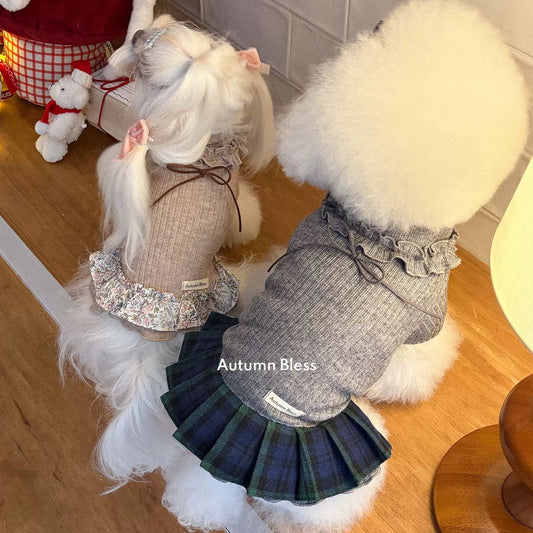 Autumn Bless Sweet Knit Ribbon Dress – Plaid / Floral 