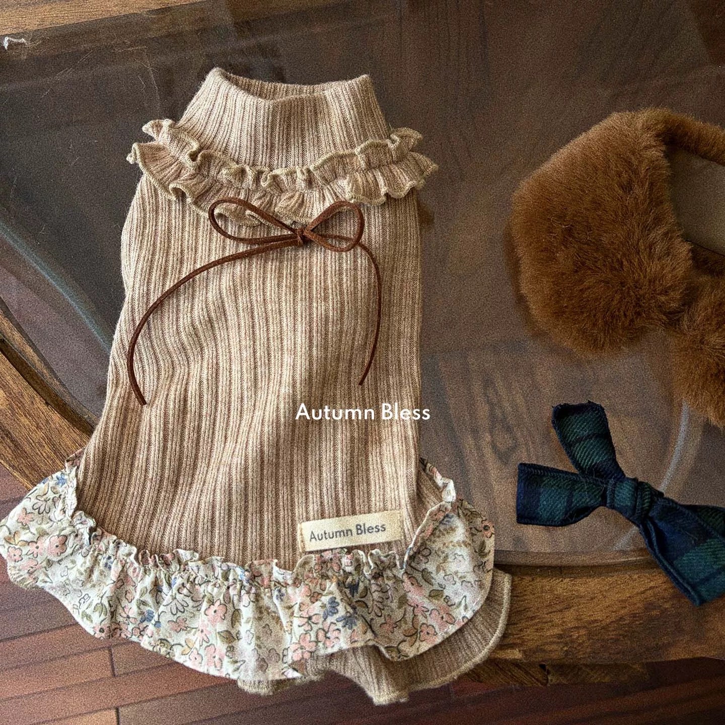 Autumn Bless Sweet Knit Ribbon Dress – Plaid / Floral 