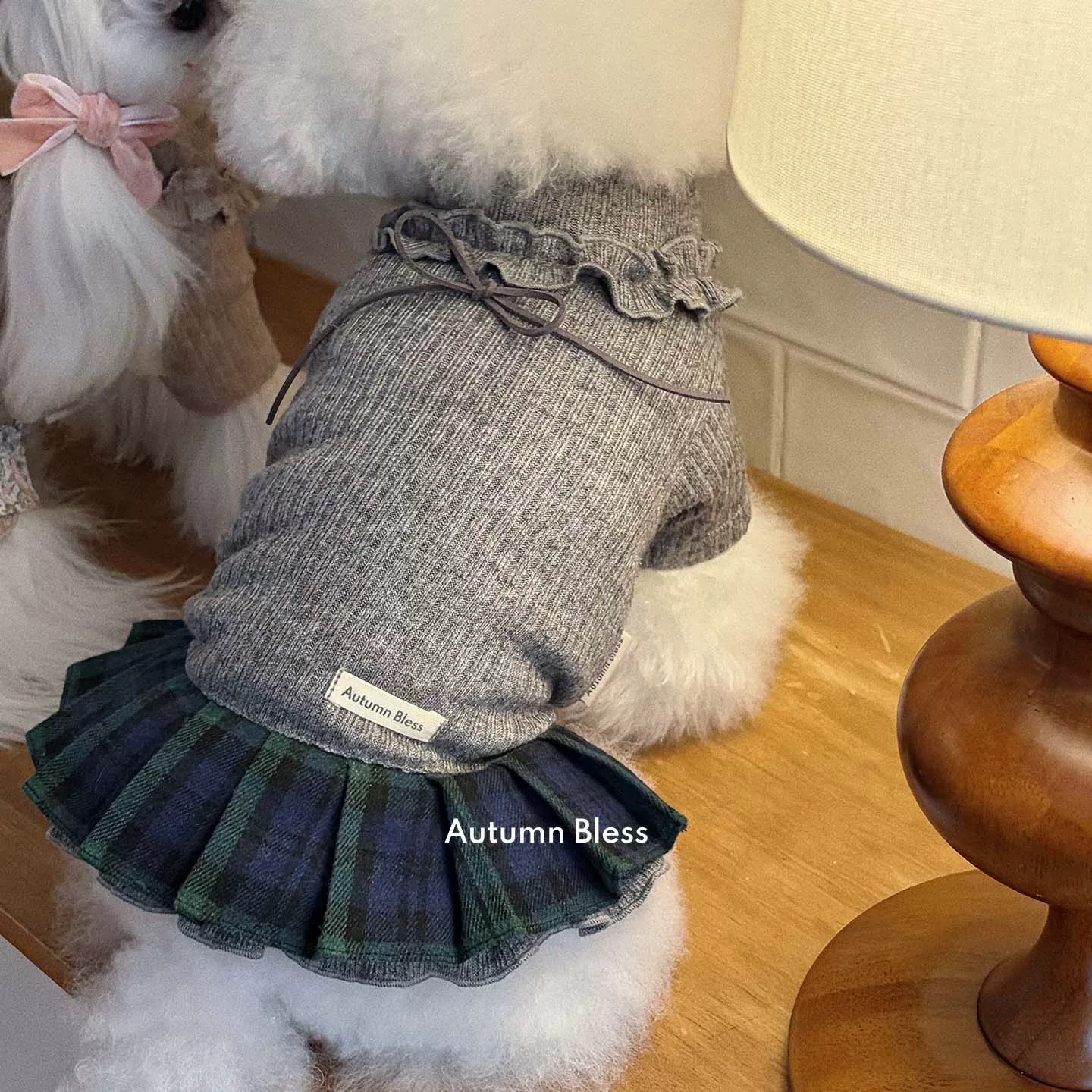 Autumn Bless Sweet Knit Ribbon Dress – Plaid / Floral 