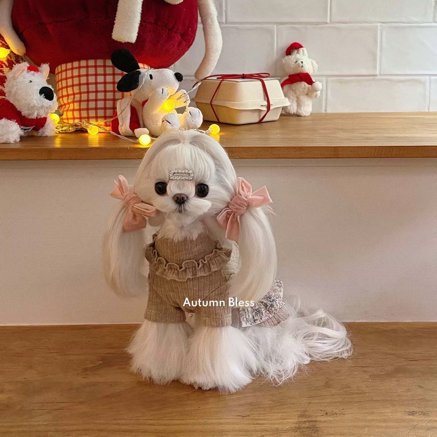 Autumn Bless Sweet Knit Ribbon Dress – Plaid / Floral 