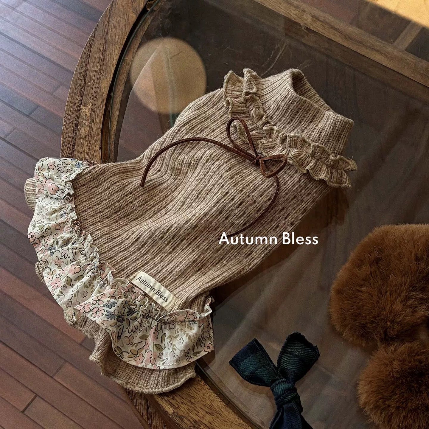 Autumn Bless Sweet Knit Ribbon Dress – Plaid / Floral 